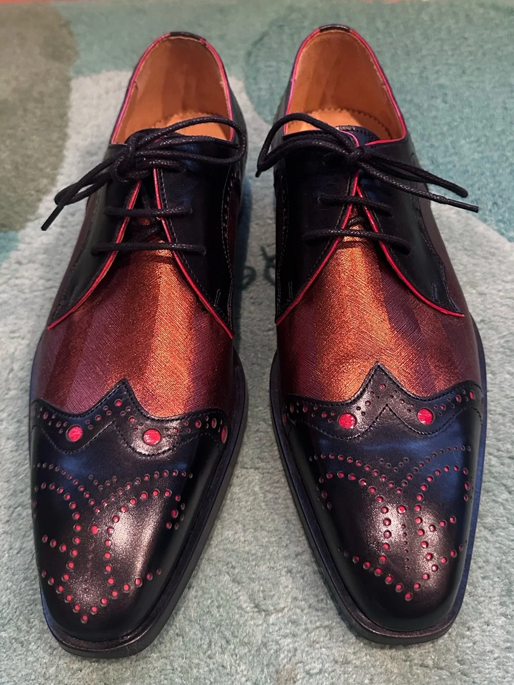 Fluevog NEW/BOX Rufus Magoo Duke black/copper brogue derby-M8/W10 (fits 7.5/9.5)
